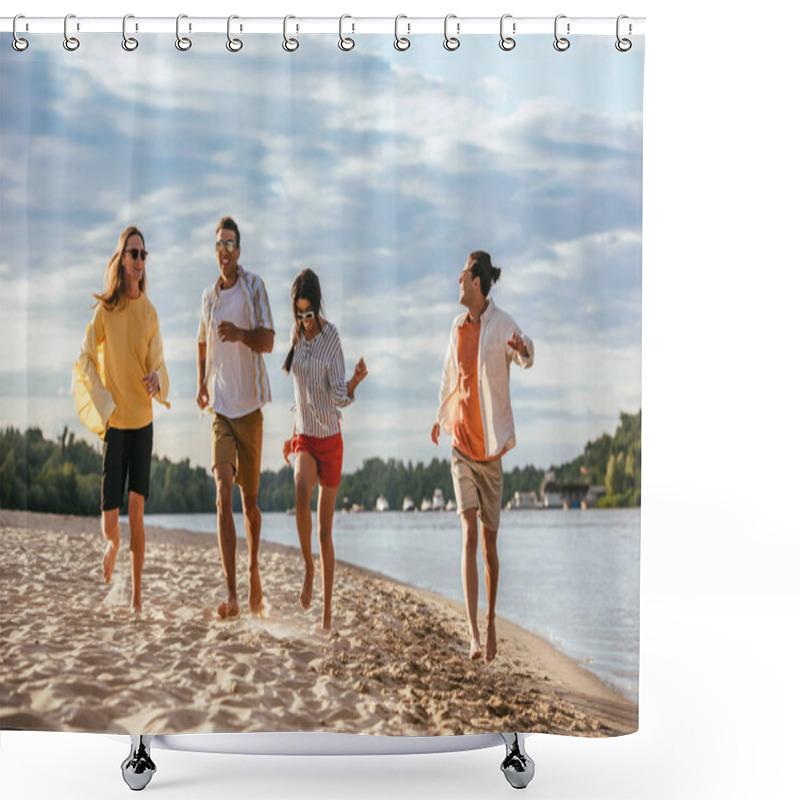 Personality  Cheerful Multicultural Friends Running On Sand Beach Near River Shower Curtains