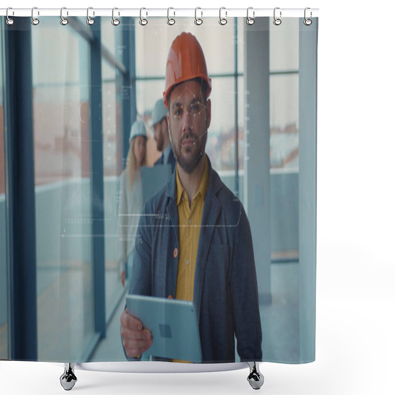 Personality  Face ID. Futuristic Technological 3D Scanning Of Face Of Bearded Caucasian Engineer With Tablet Hard Hat Safety Wear Working At Construction Site. Facial Recognition. Personal Security. Shower Curtains