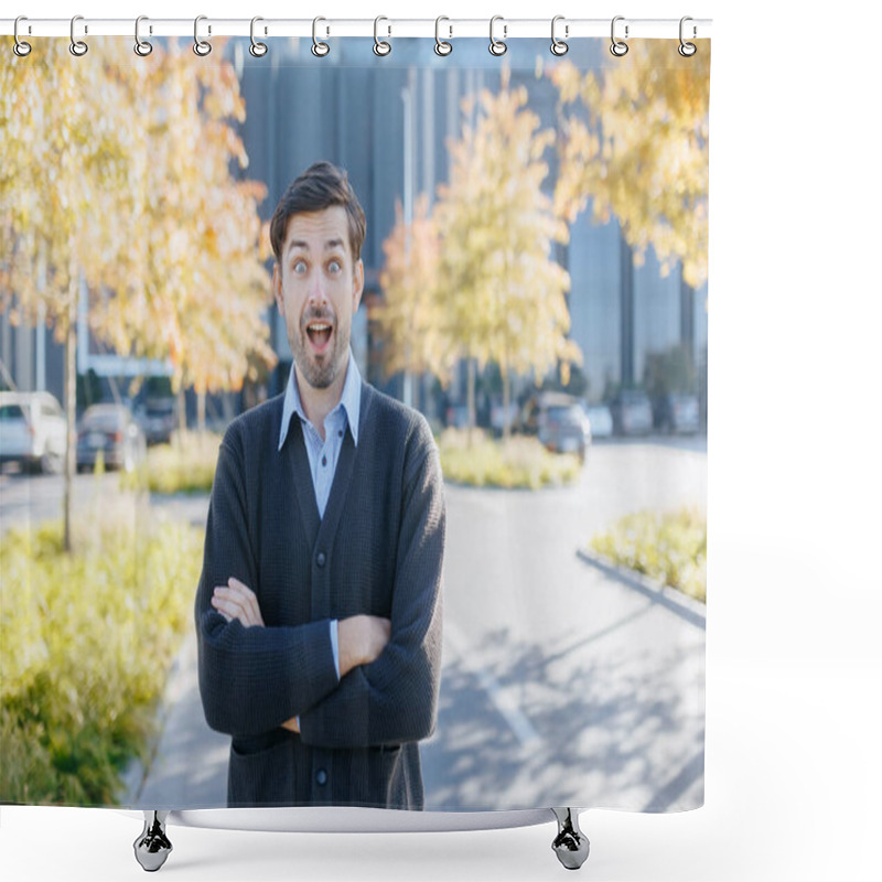 Personality  In A Casual Yet Professional Look, A Surprised Man Gestures With One Hand, Against A Backdrop Of Autumn Foliage And Modern Architecture, Showing A Moment Of Genuine Reaction. Shower Curtains