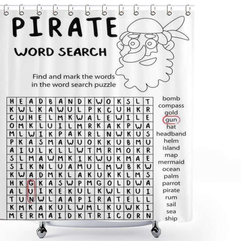 Personality  Pirate Themed Word Search Puzzle Stock Vector Illustration. Black And White Vertical Children Worksheet With 18 English Words To Find. Educational Funny Pirate Game With Coloring And Word Search. Shower Curtains