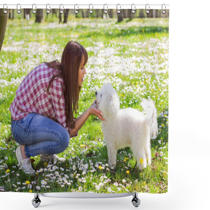 Personality  Happy Woman Enjoying Nature With Her Dog Shower Curtains