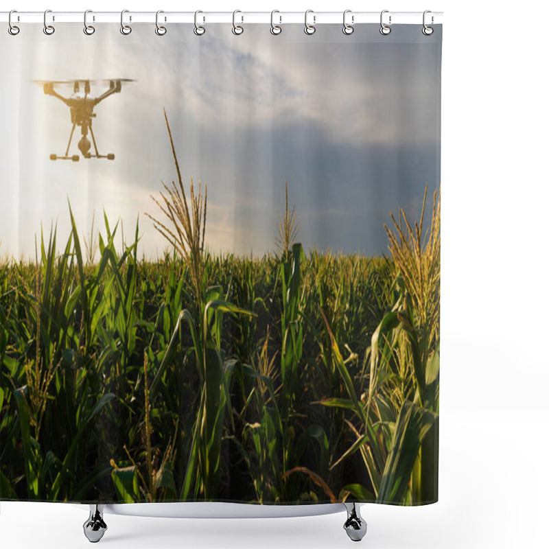 Personality  Agricultural Drone Flies Over The Corn Field. Smart Farming And Precision Agriculture Shower Curtains