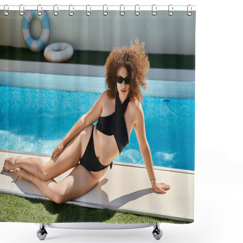 Personality  A Beautiful Woman With Curly Hair Poses In A Black Swimsuit By The Pool On A Sunny Summer Day. Shower Curtains