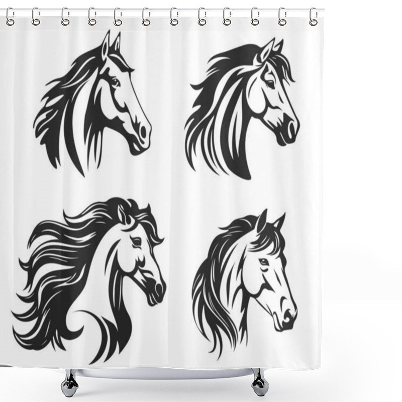 Personality  Horse Head Silhouette In Drawing Line Design. Set Vector Template For Logo, Sticker, Tattoo. Shower Curtains