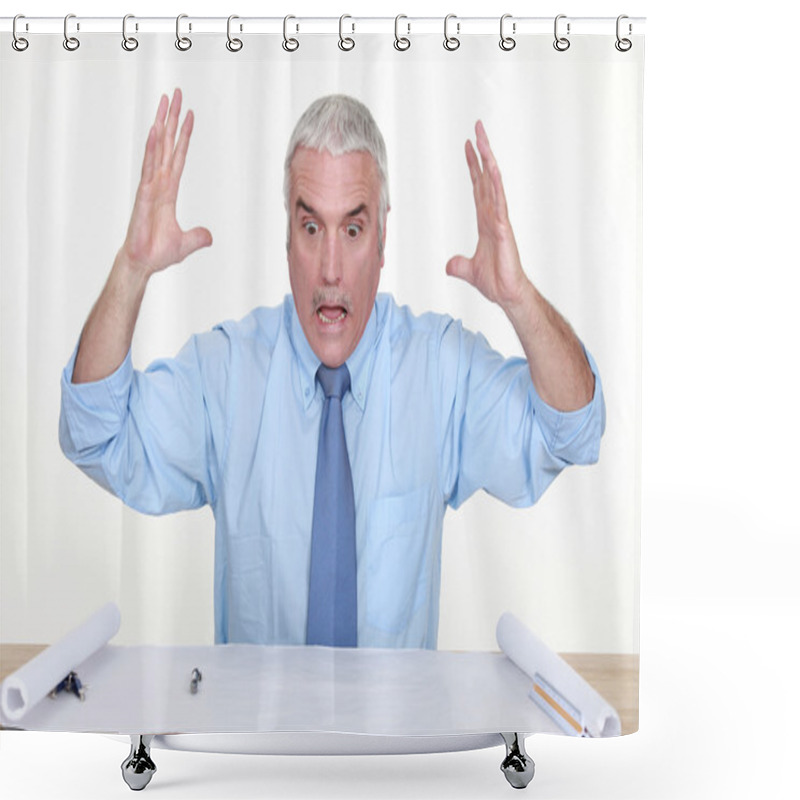 Personality  Angry Businessman Looking At A Blueprint Shower Curtains