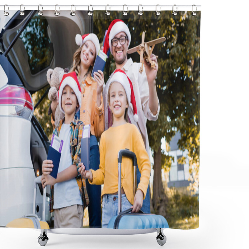 Personality  Family In Santa Hats Holding Passports With Air Tickets Near Suitcases And Car Outdoors  Shower Curtains