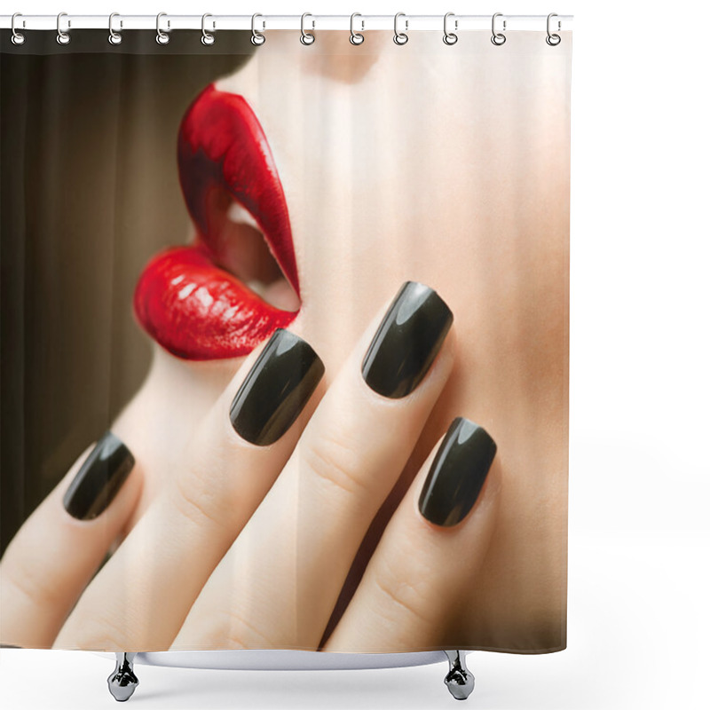 Personality  Makeup And Manicure. Black Nails And Red Lips Shower Curtains