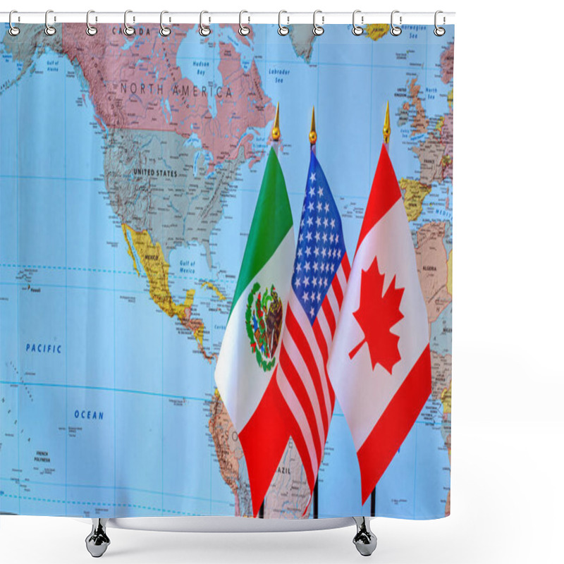 Personality  Calgary, Alberta, Canada. Sep 8, 2020. Canada, USA, Mexico Flags, North America Free Trade Agreement New Deal. Shower Curtains