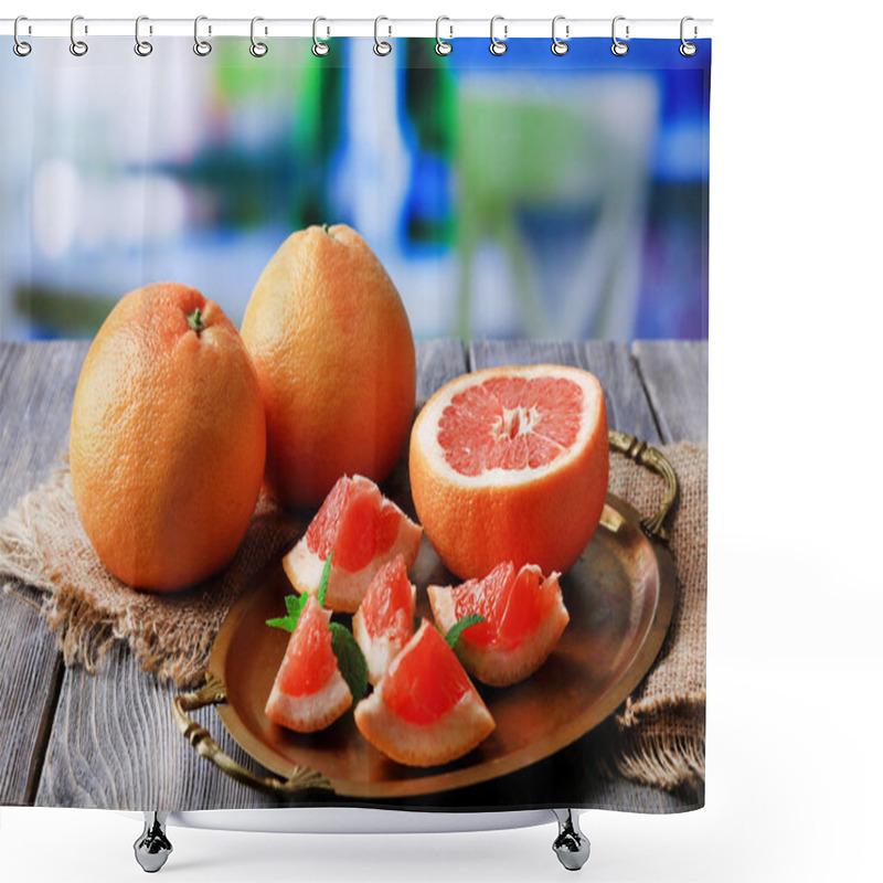 Personality  Ripe Grapefruits On Tray, On Wooden Table, On Bright Background Shower Curtains