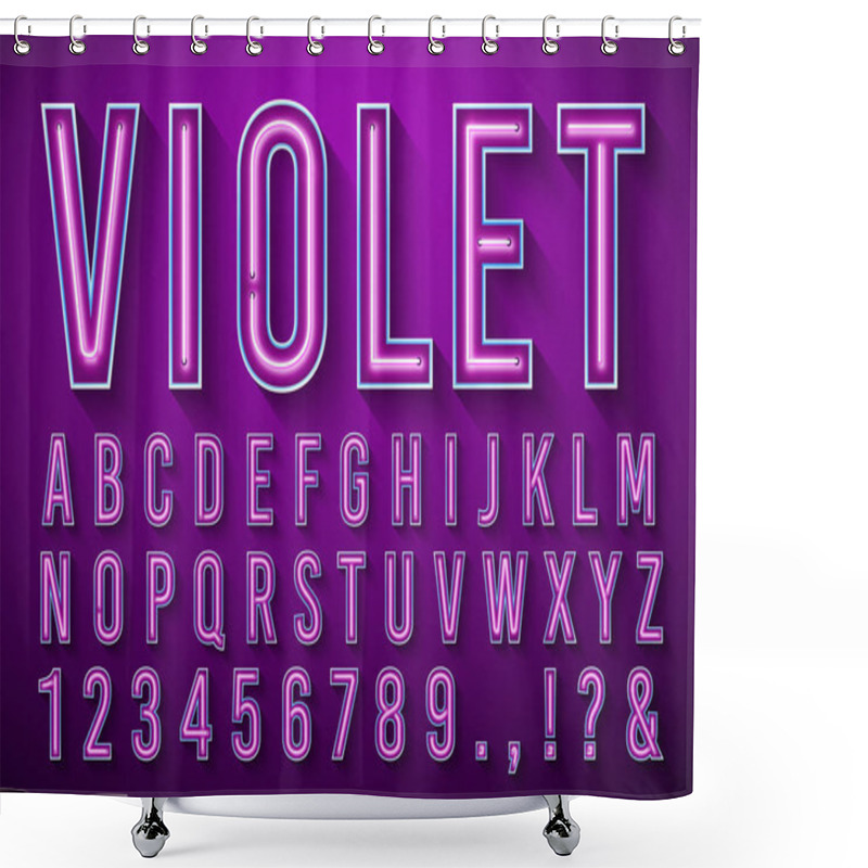 Personality  Bright Neon Letters. Violet Glowing Font, Light Box Alphabet And Neons Lights Lettering With Shadow 3d Vector Illustration Set Shower Curtains