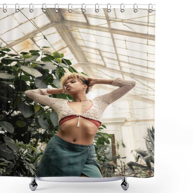 Personality  Low Angle View Of Young And Stylish African American Woman In Summer Outfit And Knitted Top Touching Head And Standing Near Green Plants In Indoor Garden, Stylish Woman With Tropical Backdrop Shower Curtains