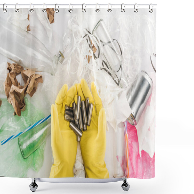 Personality  Cropped View Of Man Holding Batteries Among Can, Glass Bottles, Plastic Bags, Paper Strips, Paper And Plastic Tubes Shower Curtains