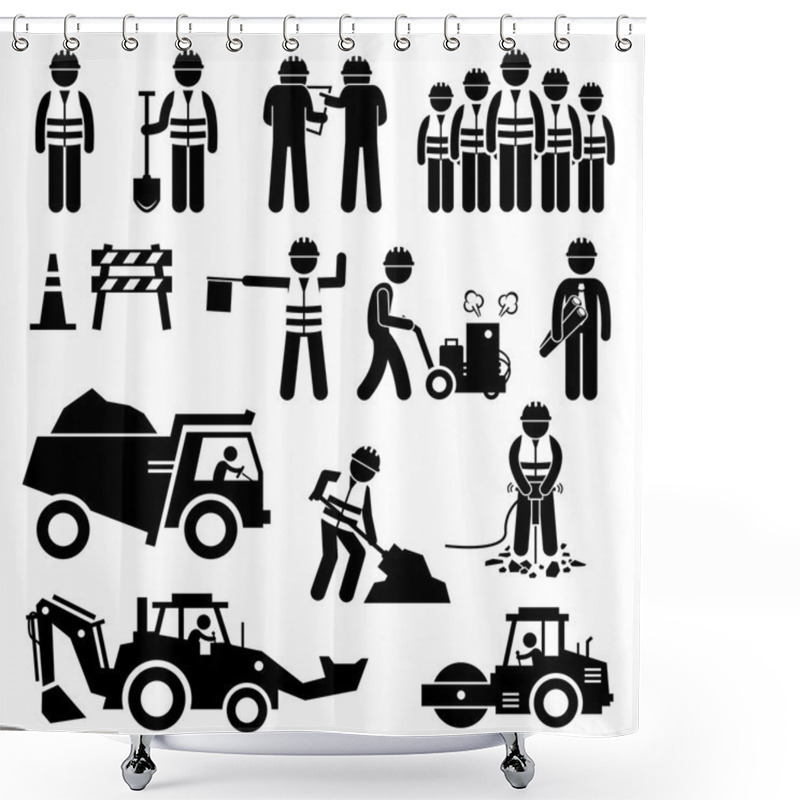 Personality  Road Construction Worker Stick Figure Pictogram Icons Shower Curtains