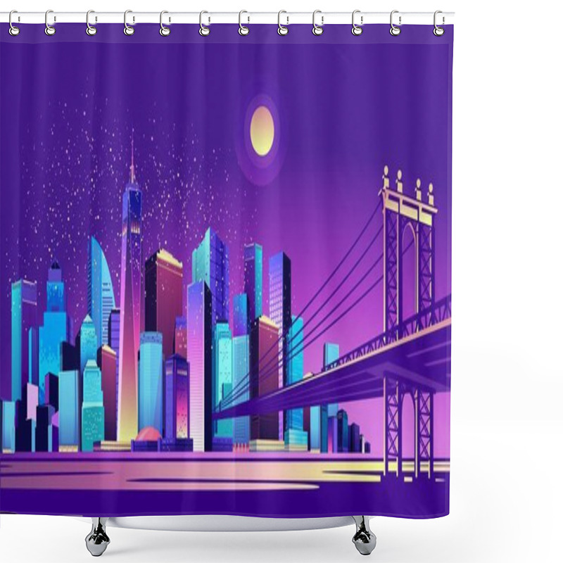 Personality  Vector Horizontal Illustration Of Night Cityscape Through The Canal Passes A Huge Bridge Connecting Two Districts Of The City, Exposed To Moonlight Shower Curtains