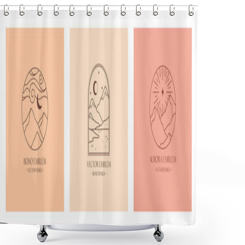 Personality  Vector Linear Boho Emblems With Abstract Mountain Landscapes And Night Sky.Travel Logos With Mountains,aurora Lights Or Polar Star,sea Or Lake,moon And Stars.Modern Hike,camp Or Glamping Resort Labels Shower Curtains