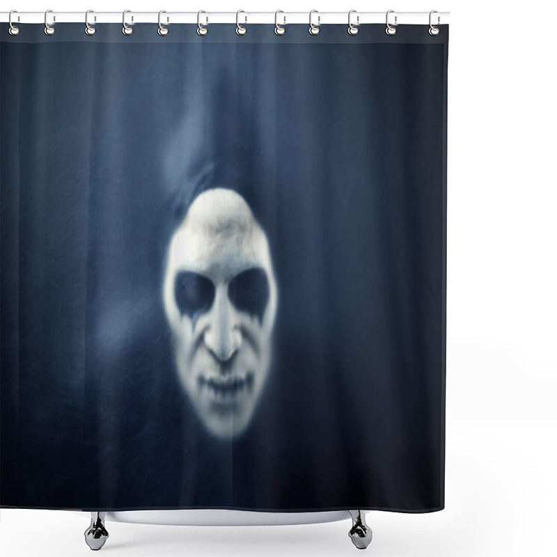 Personality  Ghostly Figure Behind A Dusty Scratched Glass. Scary Figure With Mask In Hooded Cloak  Shower Curtains