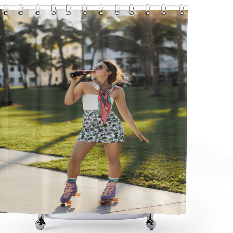 Personality  A Young Woman In Sunglasses And A Stylish Outfit Roller Skates Along A Sidewalk In Miami While Enjoying A Drink. Shower Curtains