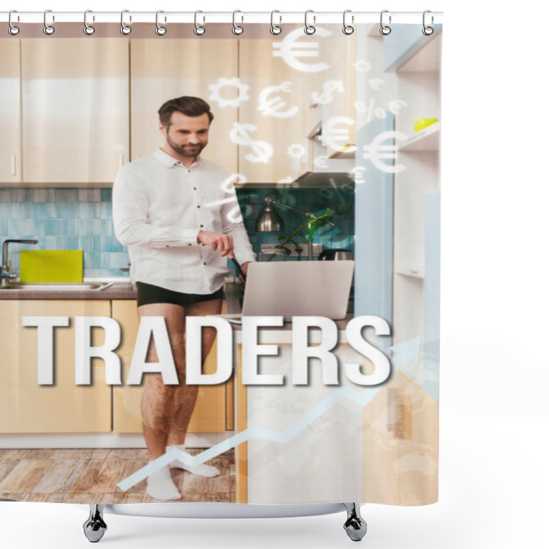 Personality  Handsome Man In Shirt And Panties Looking At Laptop While Cooking Breakfast In Kitchen, Traders Illustration Shower Curtains