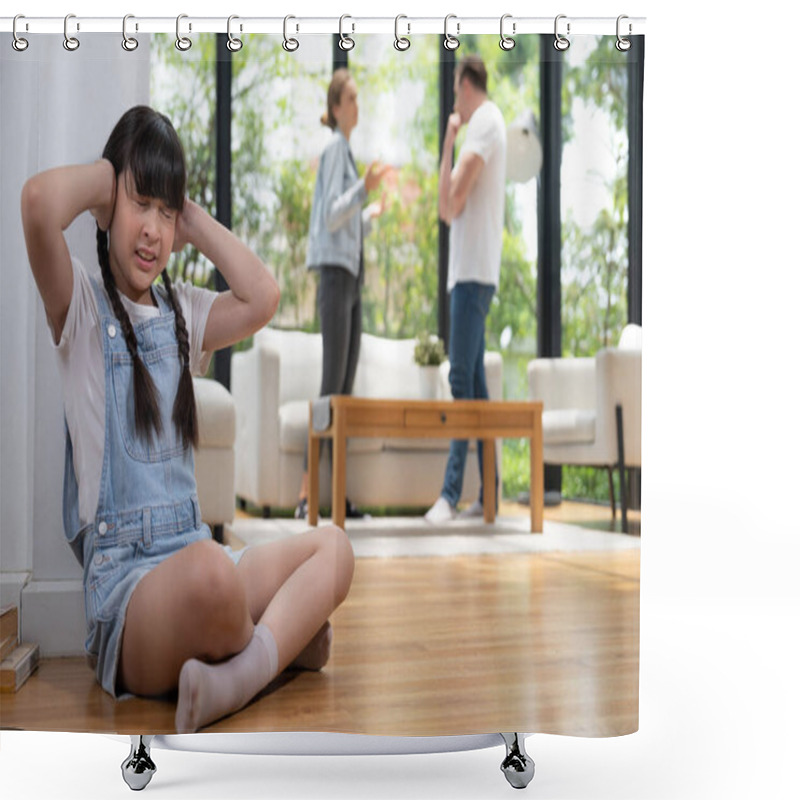 Personality  Stressed And Unhappy Girl Huddle In Corner, Cover Her Ears With Painful Expression While Her Parent Arguing In Background. Domestic Violence And Traumatic Childhood Develop To Depression. Synchronos Shower Curtains