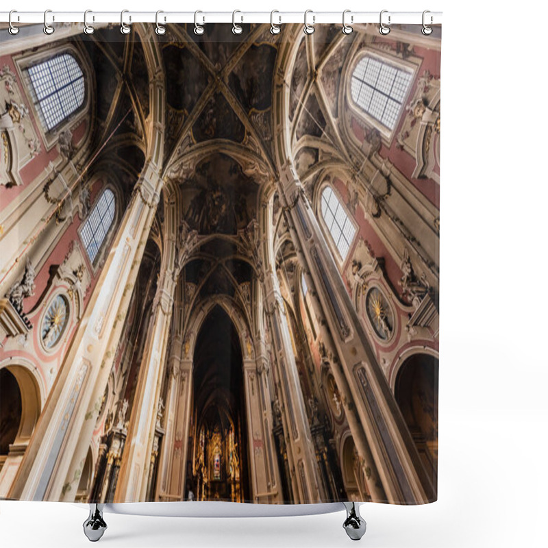 Personality  LVIV, UKRAINE - OCTOBER 23, 2019: Low Angle View Of Columns, Window And Dome In Lviv Latin Cathedral Shower Curtains