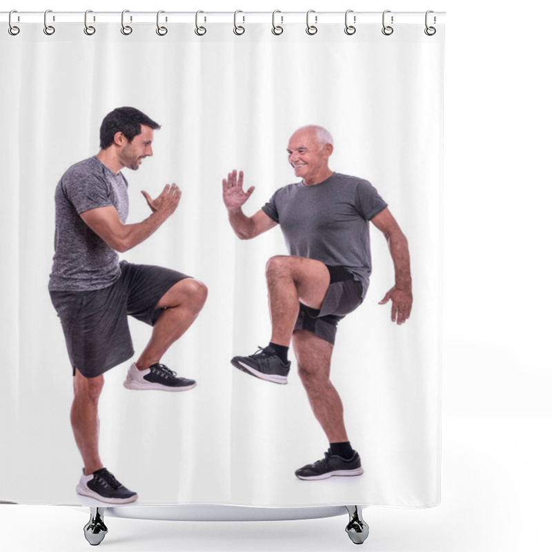 Personality  Elderly Male Client Exercising With A Fitness Trainer, Exercise Walking In Place, Steps. On A White Isolated Background. Shower Curtains