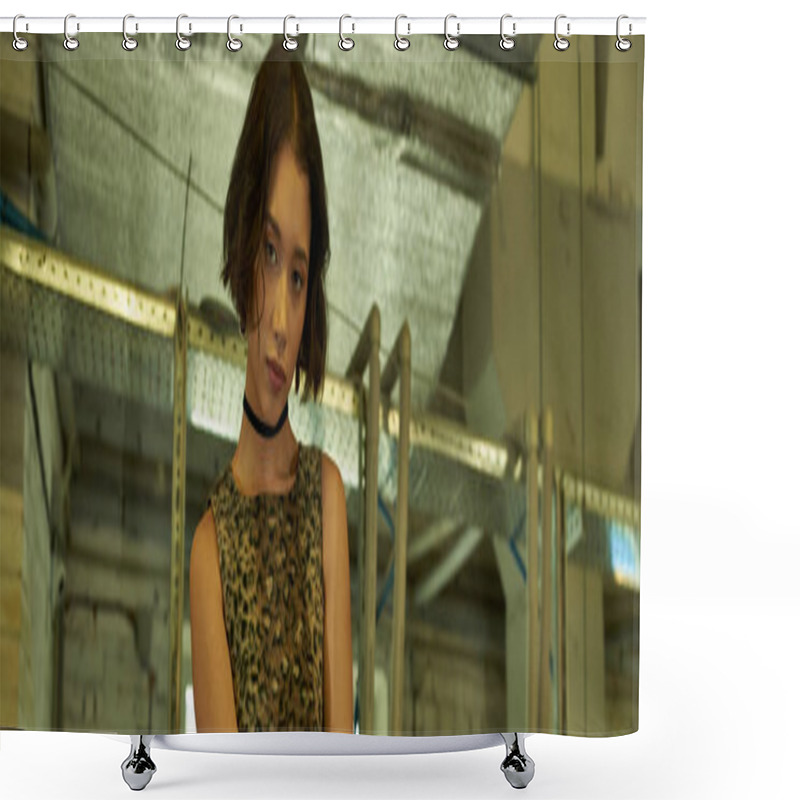 Personality  Fashionable Young Asian Woman Looking At Camera In Public Laundry, Banner Shower Curtains