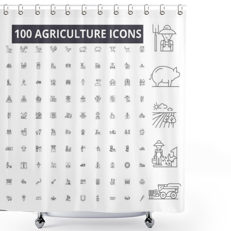 Personality  Agriculture Editable Line Icons, 100 Vector Set On White Background. Agriculture Black Outline Illustrations, Signs, Symbols Shower Curtains