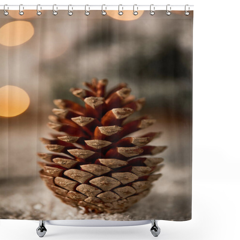 Personality  Close Up Of Pine Cone On Snow With Christmas Lights Bokeh Shower Curtains