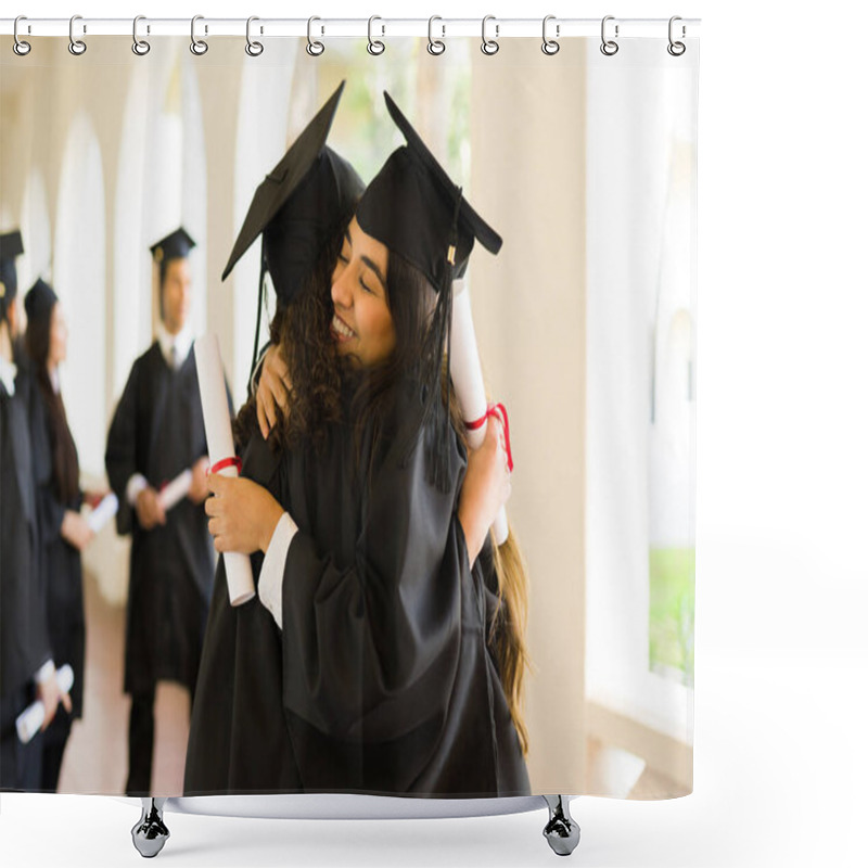 Personality  Attractive Women Friends And Graduates Hugging And Smiling Looking Happy During Their College Graduation Shower Curtains