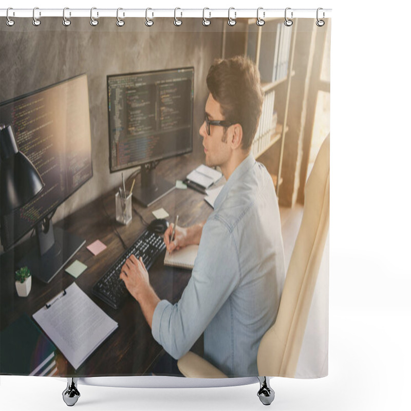 Personality  Profile Side View Portrait Of His He Nice Focused Busy Experienced Smart Clever Geek Guy Typing Bug Track Report Language At Modern Industrial Interior Style Concrete Wall Work Place Station Shower Curtains