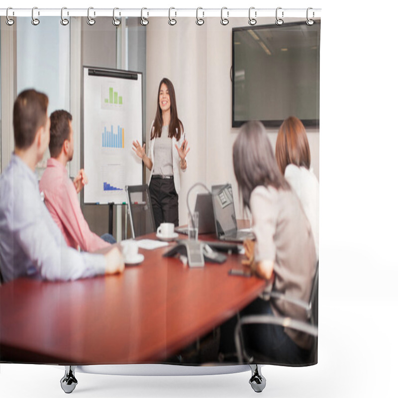 Personality  Brunette Giving A Business Presentation Shower Curtains