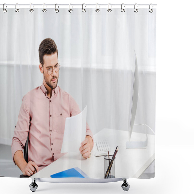 Personality  Concentrated Young Businessman Reading Documents At Workplace Shower Curtains