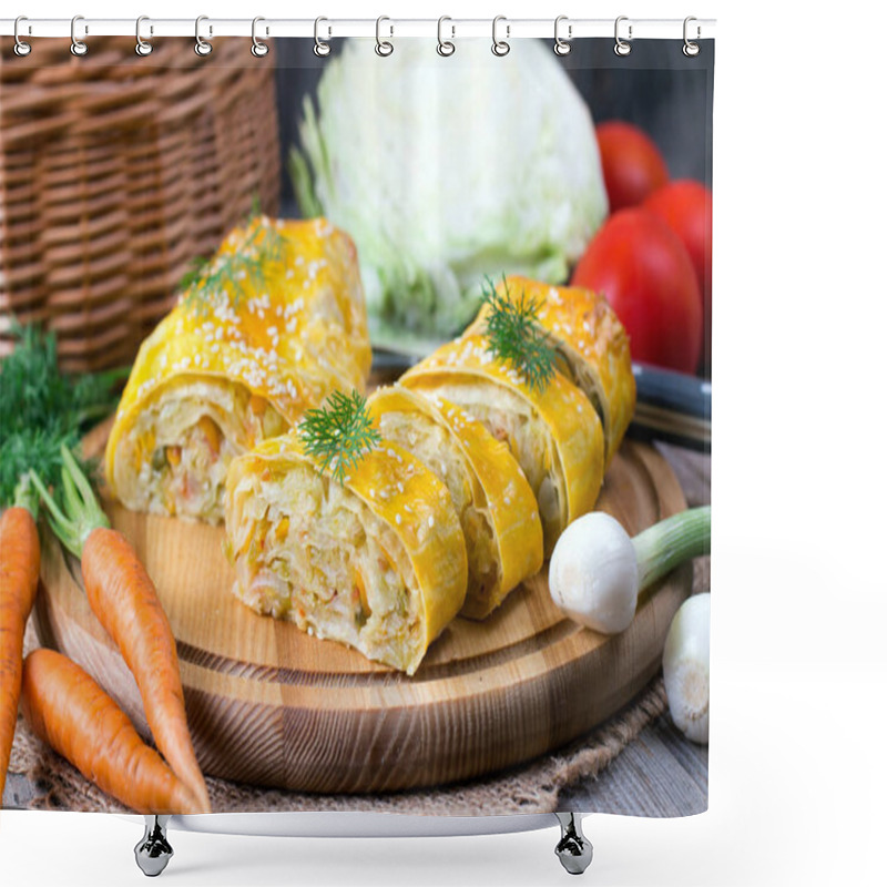 Personality  Pie With Cabbage On A Wooden Board Shower Curtains