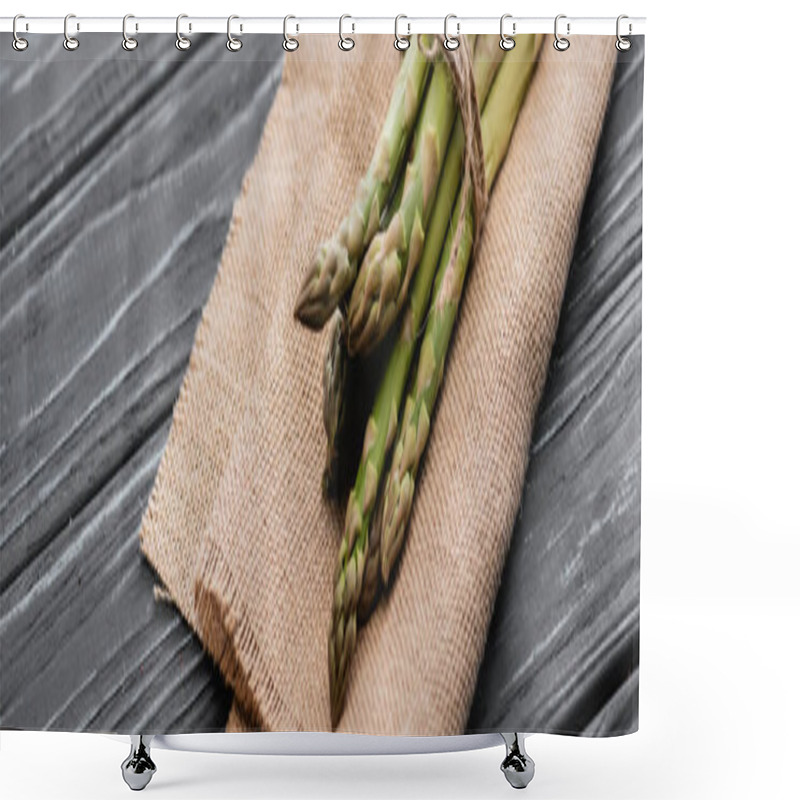 Personality  Bundle Of Fresh Green Asparagus On Burlap On Wooden Surface, Panoramic Shot Shower Curtains