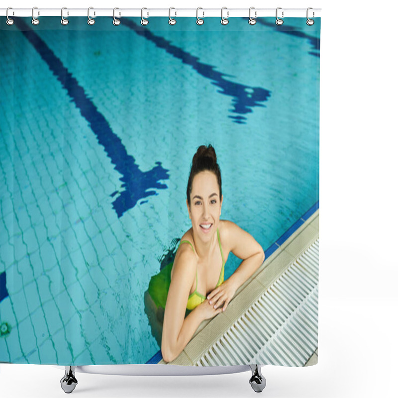 Personality  A Radiant Brunette Woman In A Yellow Bikini Relaxes Next To An Indoor Swimming Pool. Shower Curtains