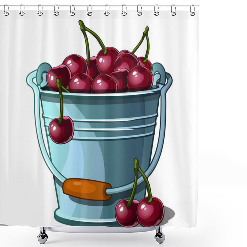 Personality  Steel Bucket Full Of Ripe Cherries. Vector Illustration Isolated On White Background. Image In Cartoon Style Shower Curtains