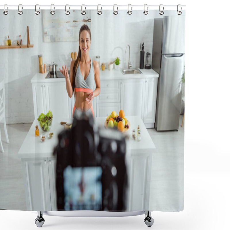 Personality  Selective Focus Of Happy Girl Gesturing Near Fruits And Digital Camera  Shower Curtains