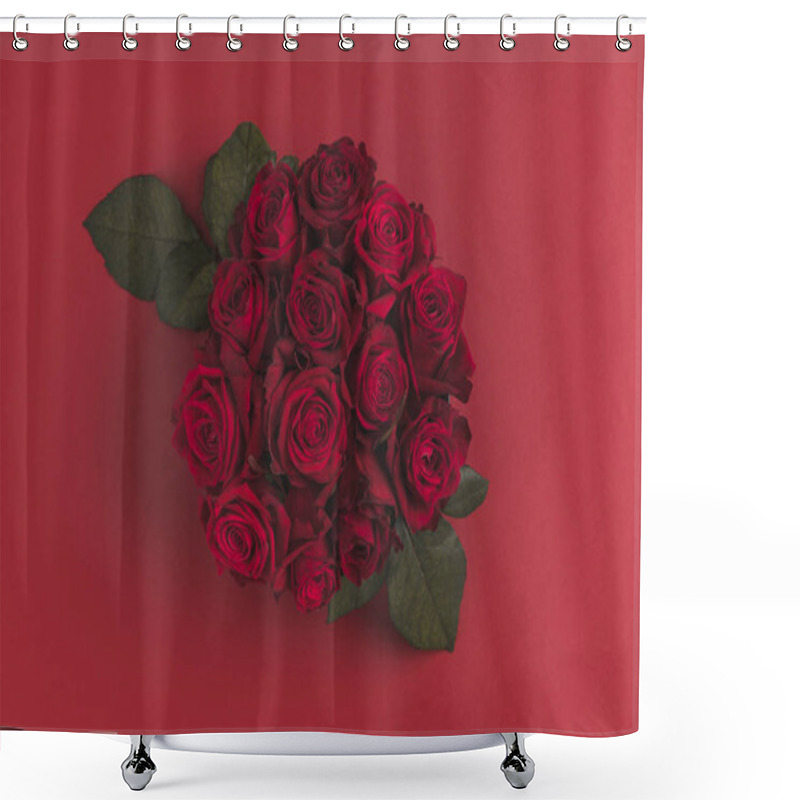 Personality  Top View Of Bouquet Of Red Roses Isolated On Red Shower Curtains