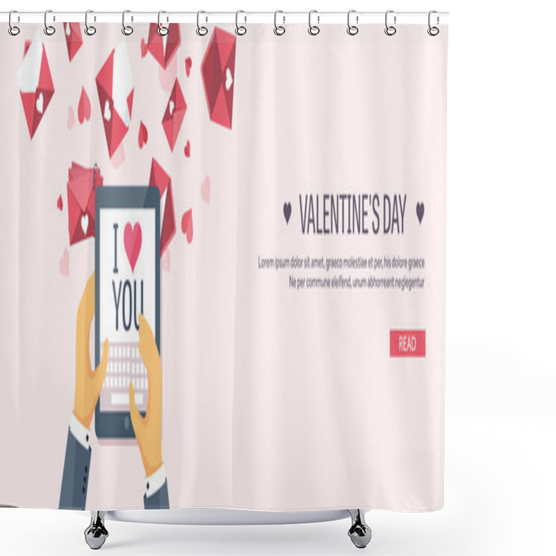 Personality  Vector Illustration. Flat Background With Tablet. Love, Hearts. Valentines Day. Be My Valentine. 14 February. Shower Curtains