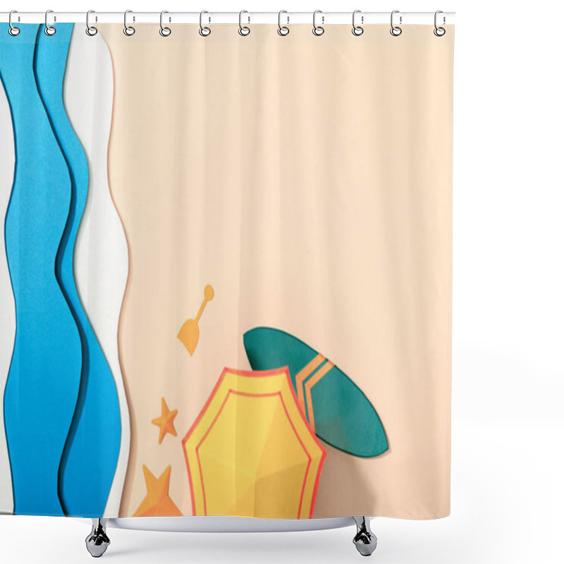 Personality  Top View Of Paper Beach With Yellow Umbrella, Surfboard And Starfishes On Sand  Shower Curtains