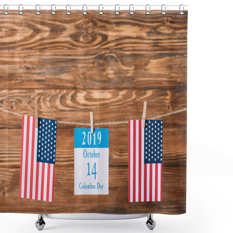 Personality  Calendar  With 14 October Date Between National Flags Of America On Wooden Surface Shower Curtains