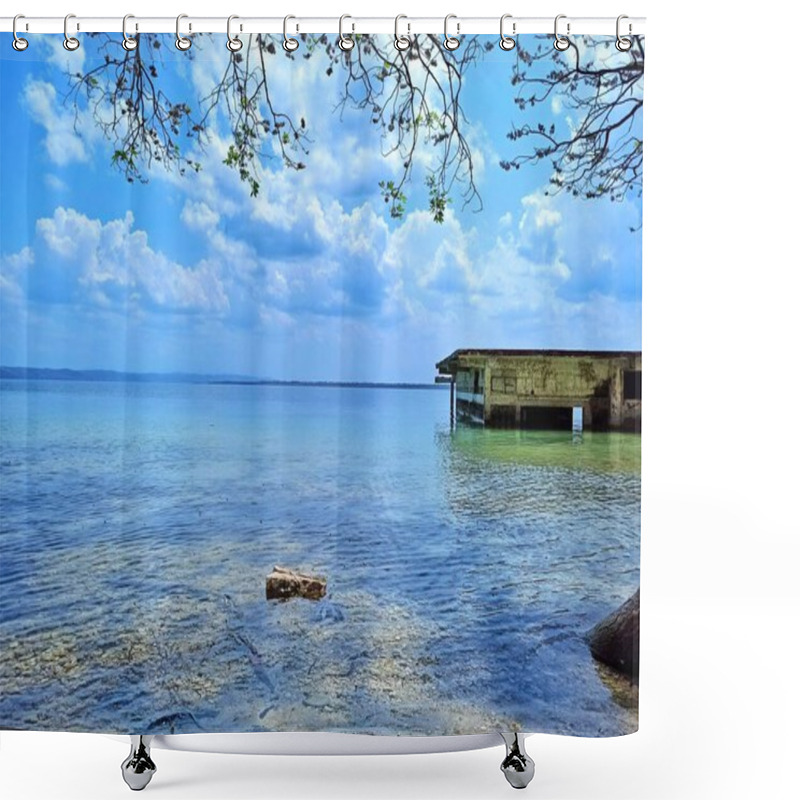 Personality  Flooded Lakefront Structure At Lake Peten Itza In San Andres, Peten Shower Curtains