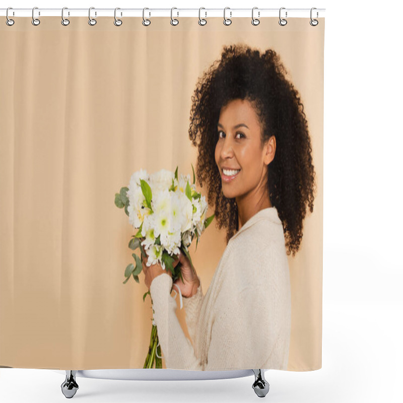 Personality  African American Woman Holding Bouquet Of Daisies And Smiling Isolated On Beige Shower Curtains