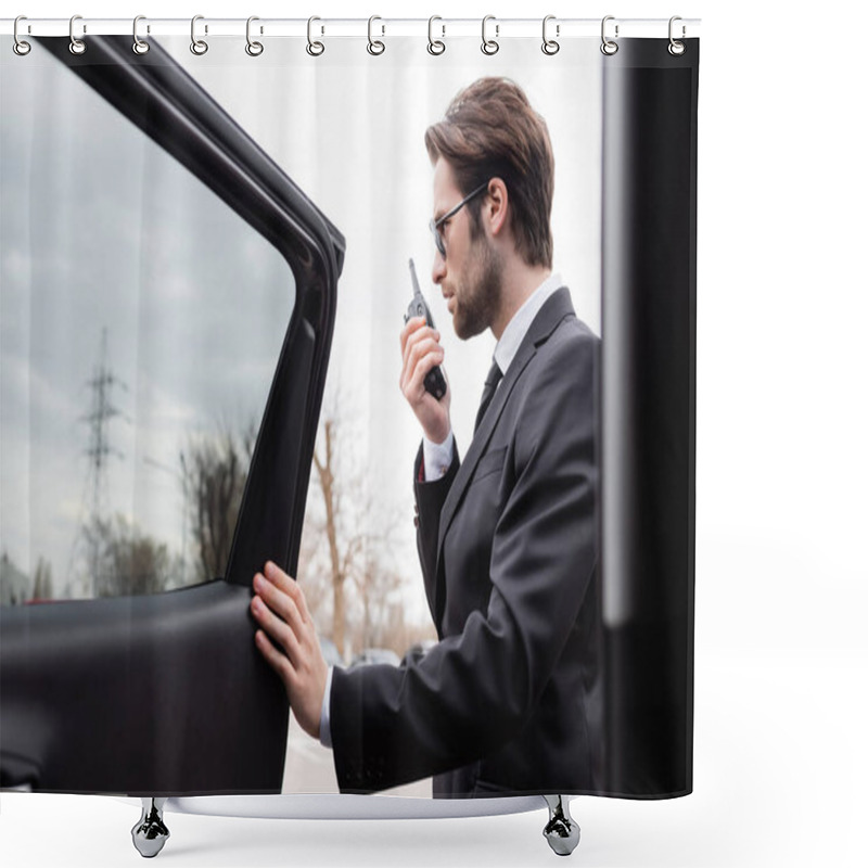 Personality  Side View Of Bearded Bodyguard In Suit And Sunglasses Using Walkie Talkie Near Modern Car Shower Curtains