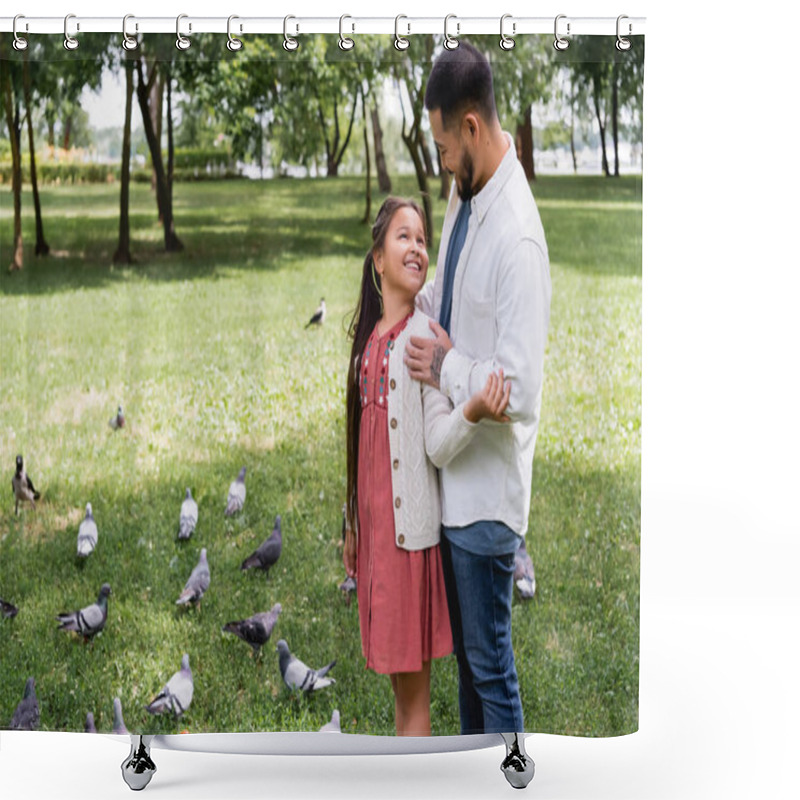 Personality  Asian Man Hugging Preteen Daughter Near Doves In Park  Shower Curtains