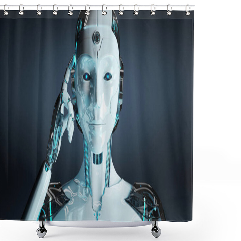 Personality  White Woman Cyborg Thinking And Touching Her Head Isolated On Dark Background 3D Rendering Shower Curtains