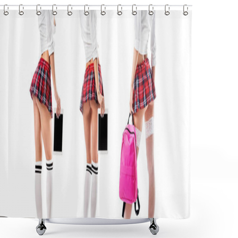 Personality  Collage Of Partial View Of Sexy Woman In School Uniform With Pink Backpack And Tablet With Blank Screen Isolated On White Shower Curtains