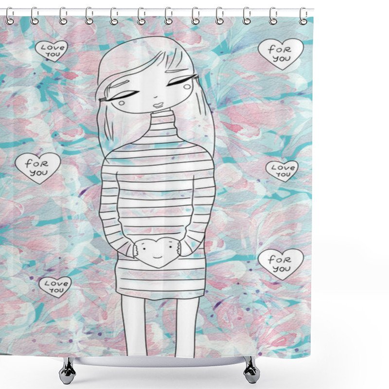 Personality  Cute Girl And Heart Shower Curtains