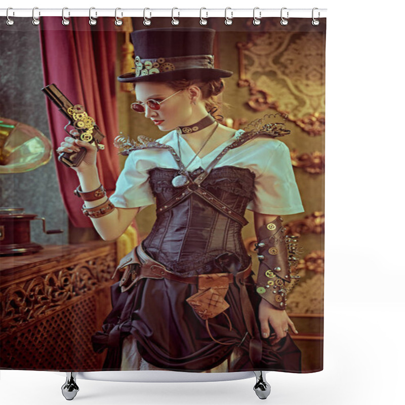 Personality  Beautiful Confident Lady Steampunk Stands With A Gun In A Room With Vintage Victorian Interior. World Of Steampunk.  Shower Curtains