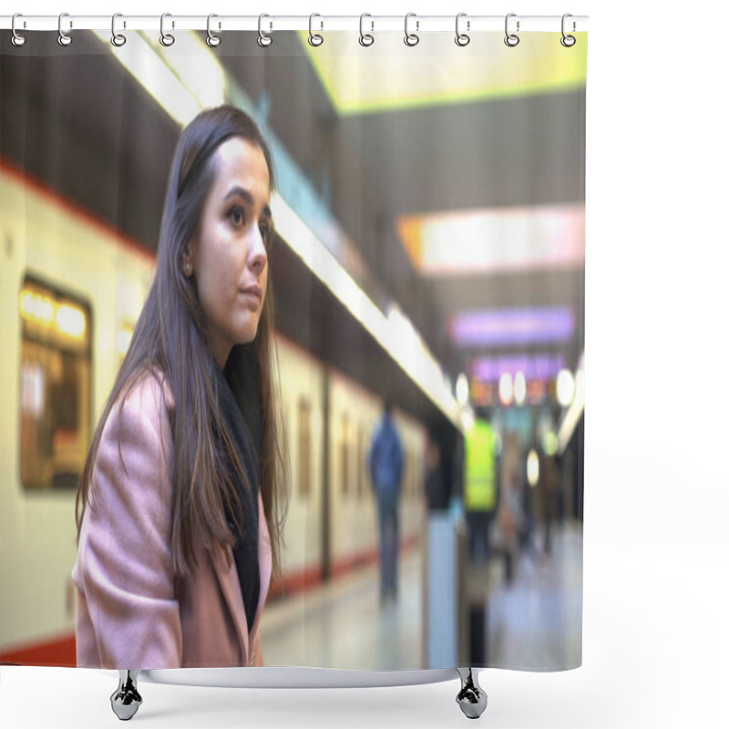 Personality  Young Woman Looking At Departing Train, Late For Work, Lost Opportunity Concept Shower Curtains